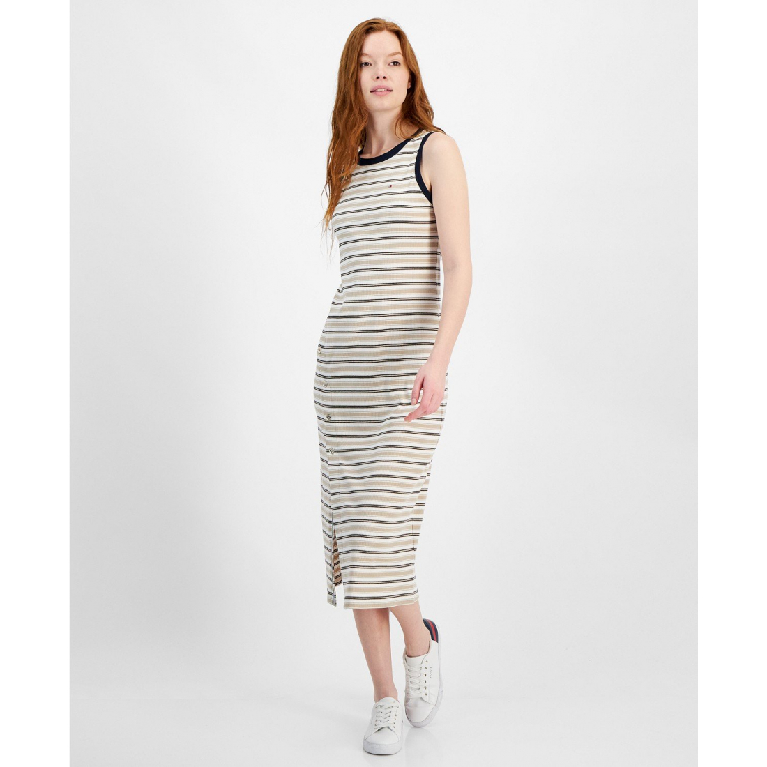 Robe Midi 'Striped Ribbed Slit' pour Femmes