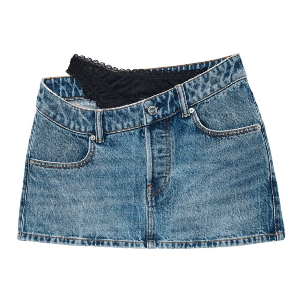 Women's 'Asymmetric Lace-Detail' Denim Skirt