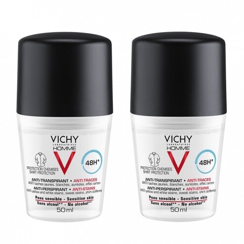 Vichy Homme Deodorant 48H Anti Transpirant Anti-Traces Protection Chemise' - 50 ml, 2 Pièces