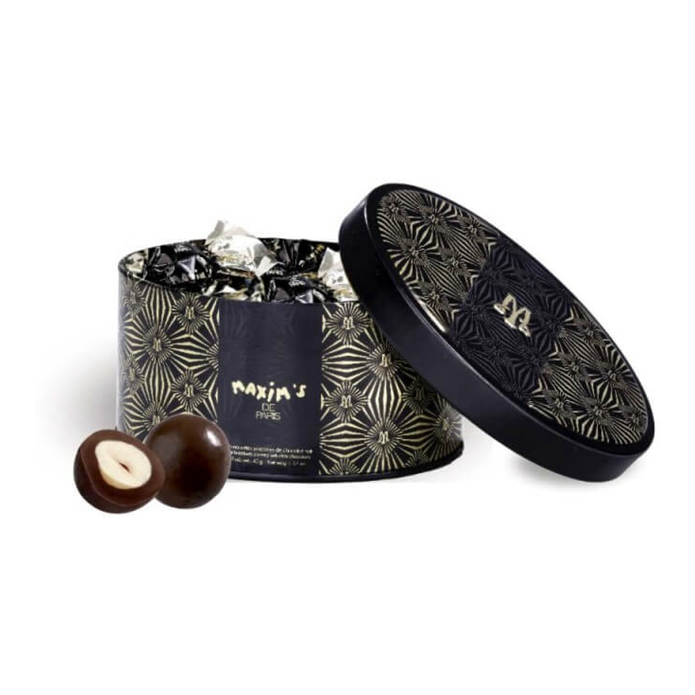 Metal candy box | dark chocolate coated hazelnuts