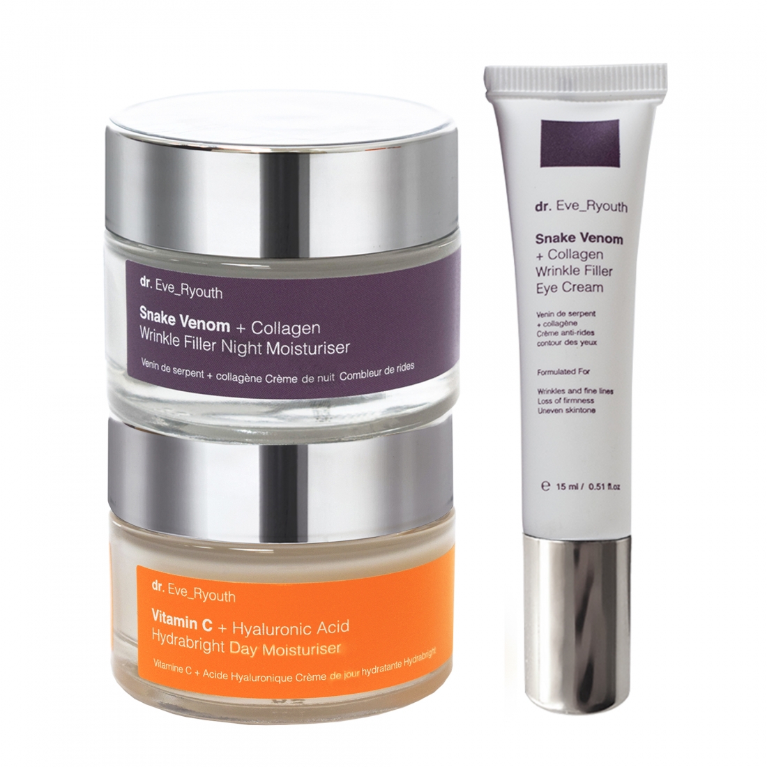 'Vitamin C & Hyaluronic Acid Hydrabright + Snake Venom & Collagen' Day Moisturiser, Eye Cream, Night Moisturiser - 3 Pieces